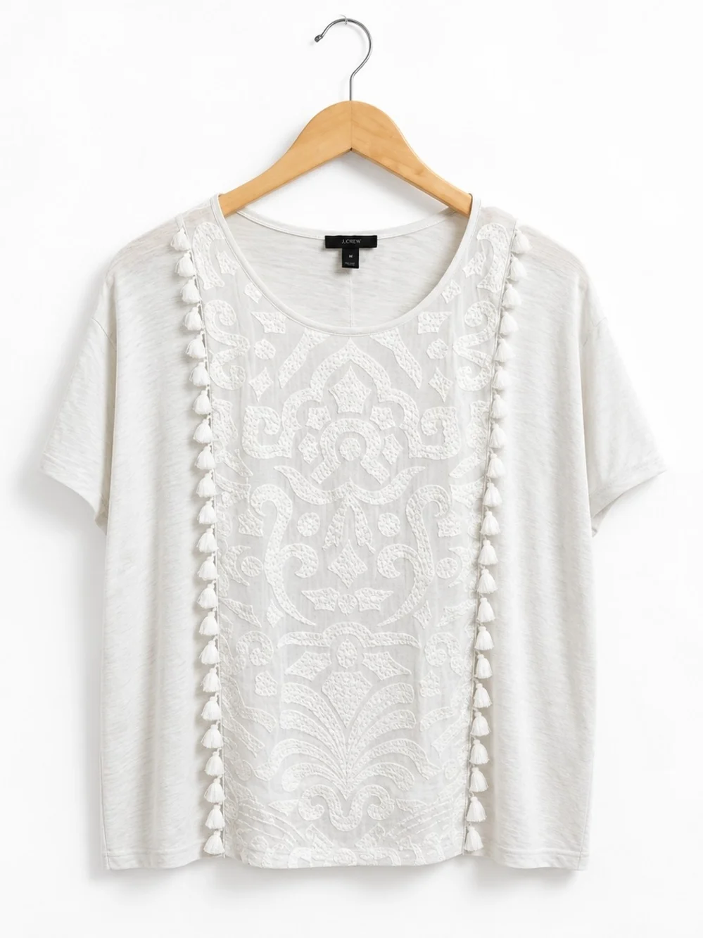 J.Crew Embroidered Tassel Top Women's White Boho Short Sleeve Coastal Cottage